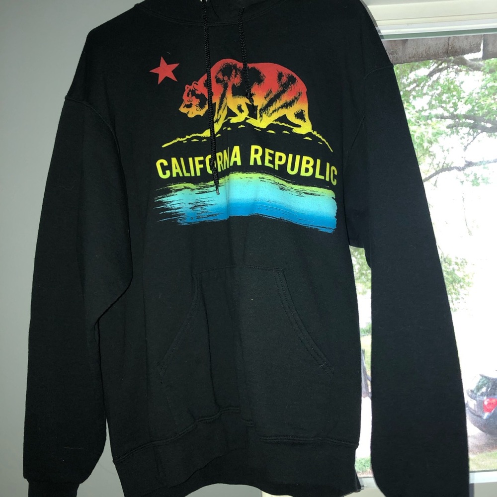 Black hoodie with rainbow colored design